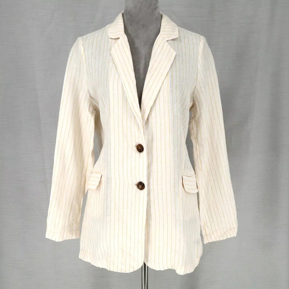 Cynthia Rowley Sz Small 100% Linen Blazer Jacket Ivory Yellow Stripe Lightweight